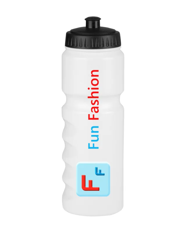 Botella blanca con el logo de Fun Fashion. DTF UV a todo color (simulación)