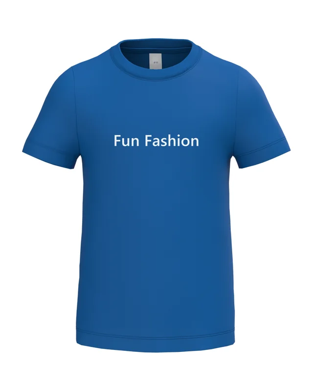 Camiseta infantil azul con el logo de Fun Fashion. Serigrafía a una tinta (simulación)