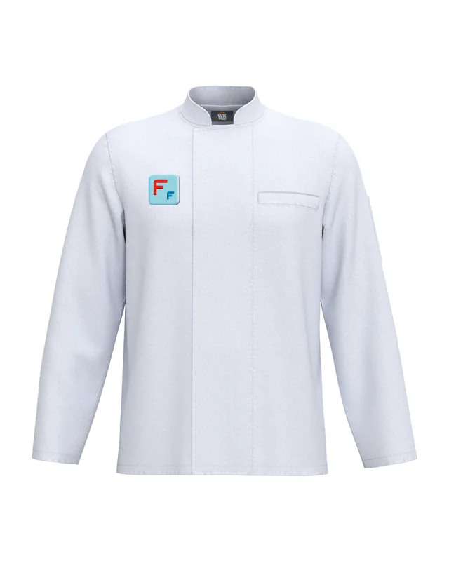 Chaquetilla de cocina blanca con el logo de Fun Fashion (simulación)
