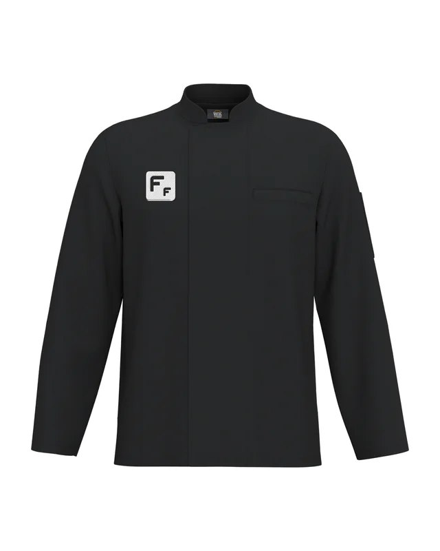 Chaquetilla de cocina negra con el logo de Fun Fashion. Bordado en el pecho (simulación)