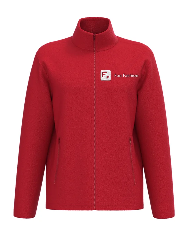Forro polar rojo con el logo de Fun Fashion. Bordado en el pecho (simulación)