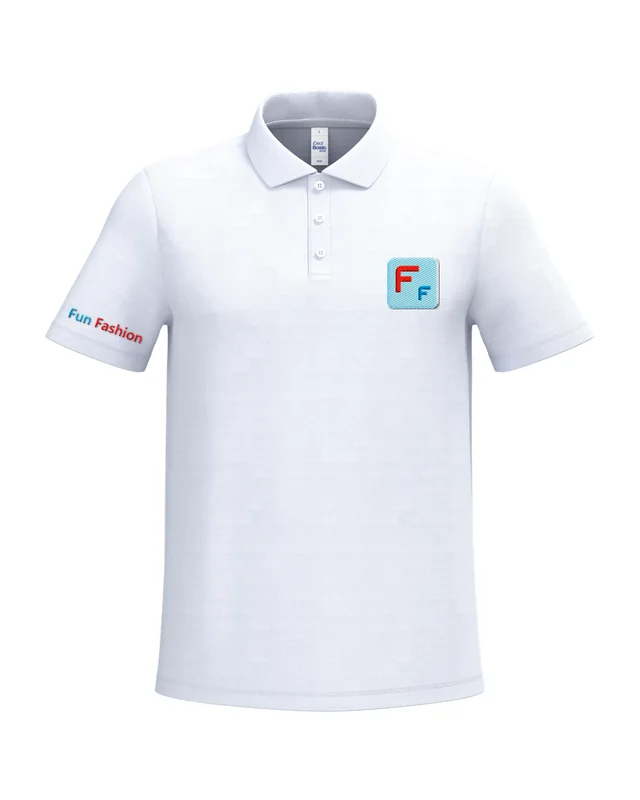 Polo blanco con el logo de Fun Fashion. Bordado a color en el pecho y en la manga (simulación)