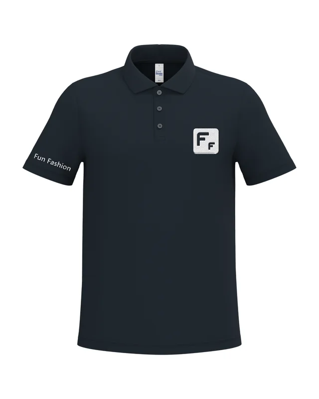 Polo azul marino con el logo de Fun Fashion. Bordado en el pecho y en la manga (simulación)