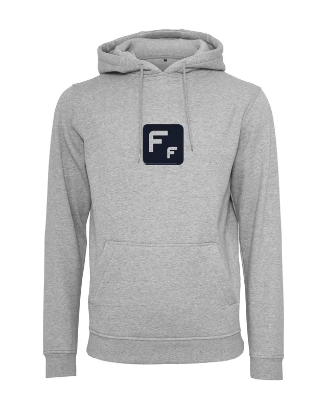 Sudadera gris con capucha con el logo de Fun Fashion (simulación)