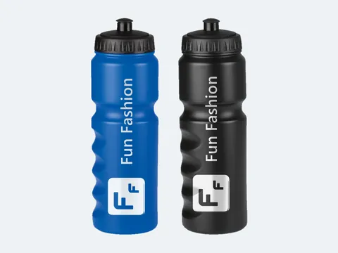 Dos botellas, una azul y otra negra, con el logo de Fun Fashion en blanco